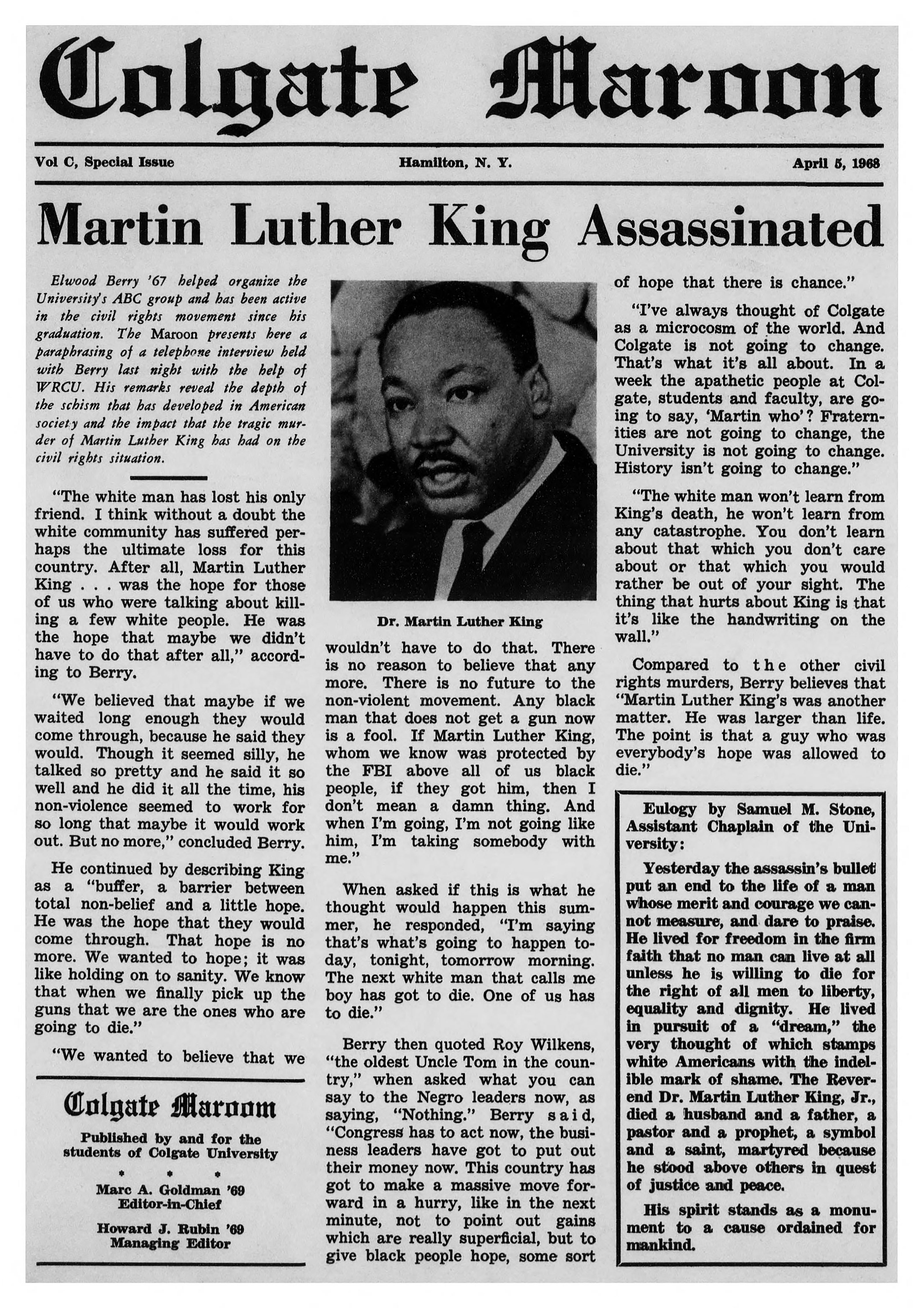 Colgate Maroon special issue for Martin Luther King’s death