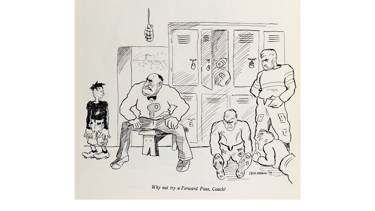 Charles Addams illustration of a football team in the locker room.