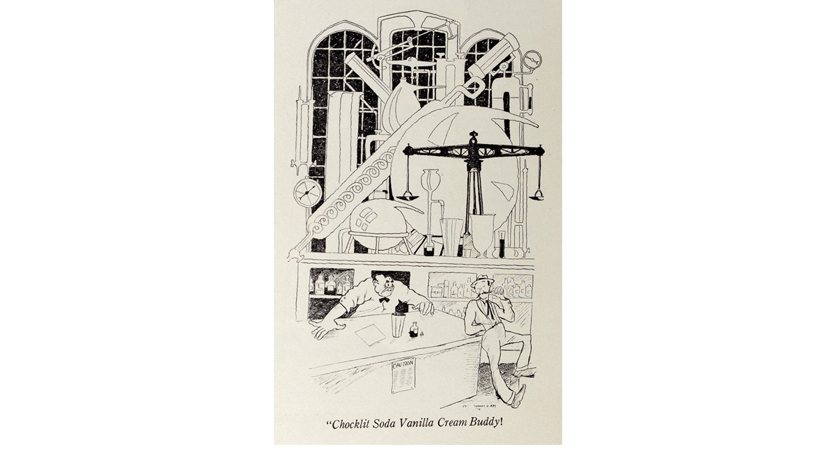 Charles Addams illustration of a laboratory and soda shop.