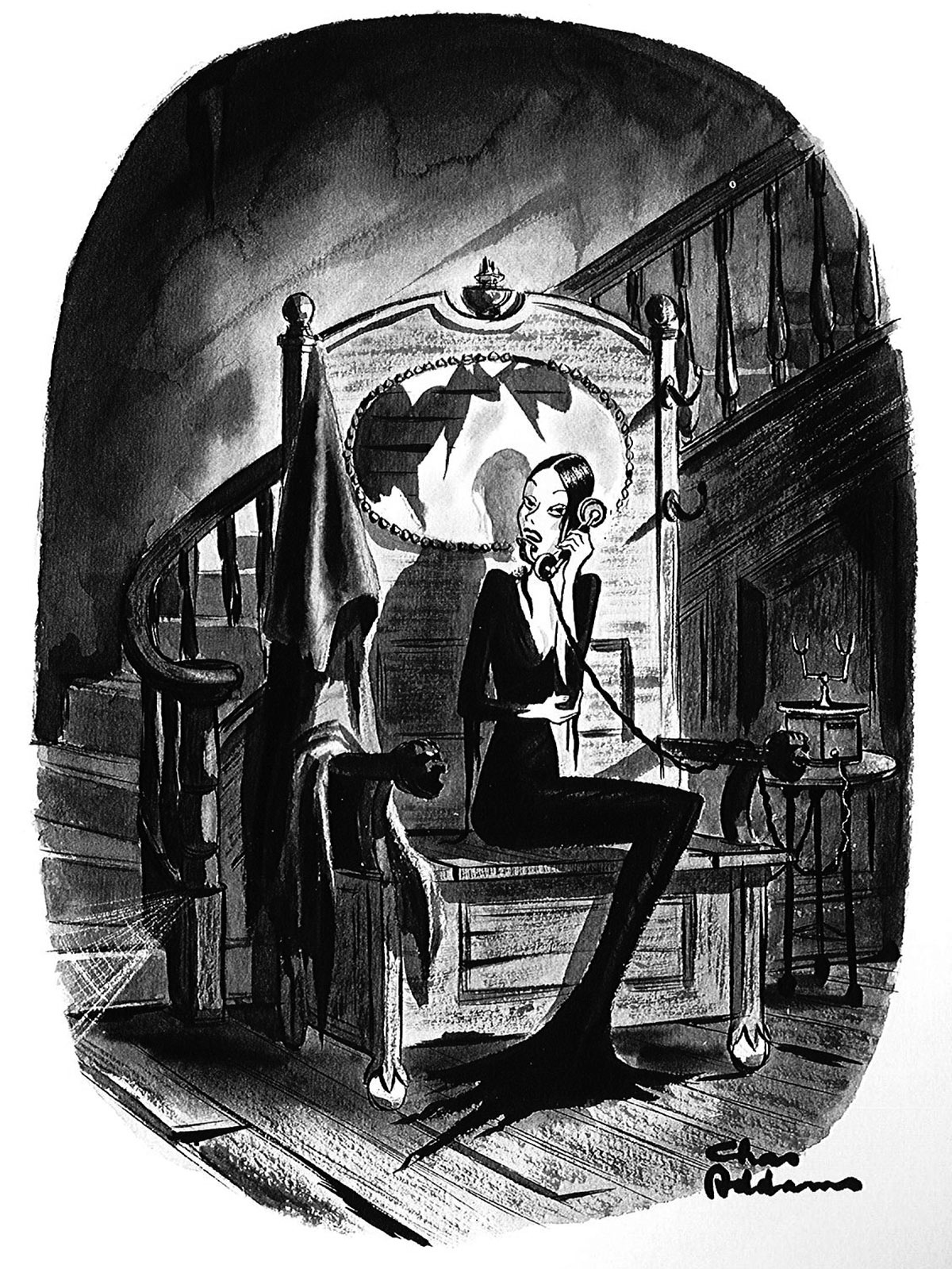 A cartoon of Morticia Addams on the phone.