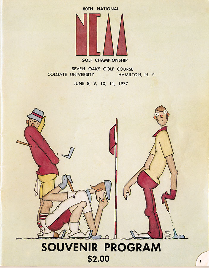 Illustrated program cover of three golfers for the 80th annual NCAA golf championship at Seven Oaks in June, 1977