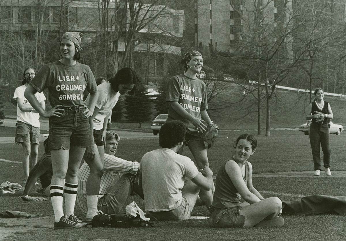 Black and white image of women playing sports on Whitnall field