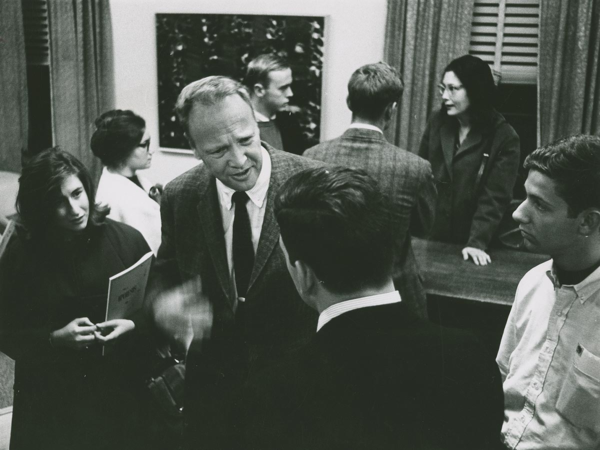 Students converse with poet James Dickey at the Festival of the Creative Arts, Oct 1964
