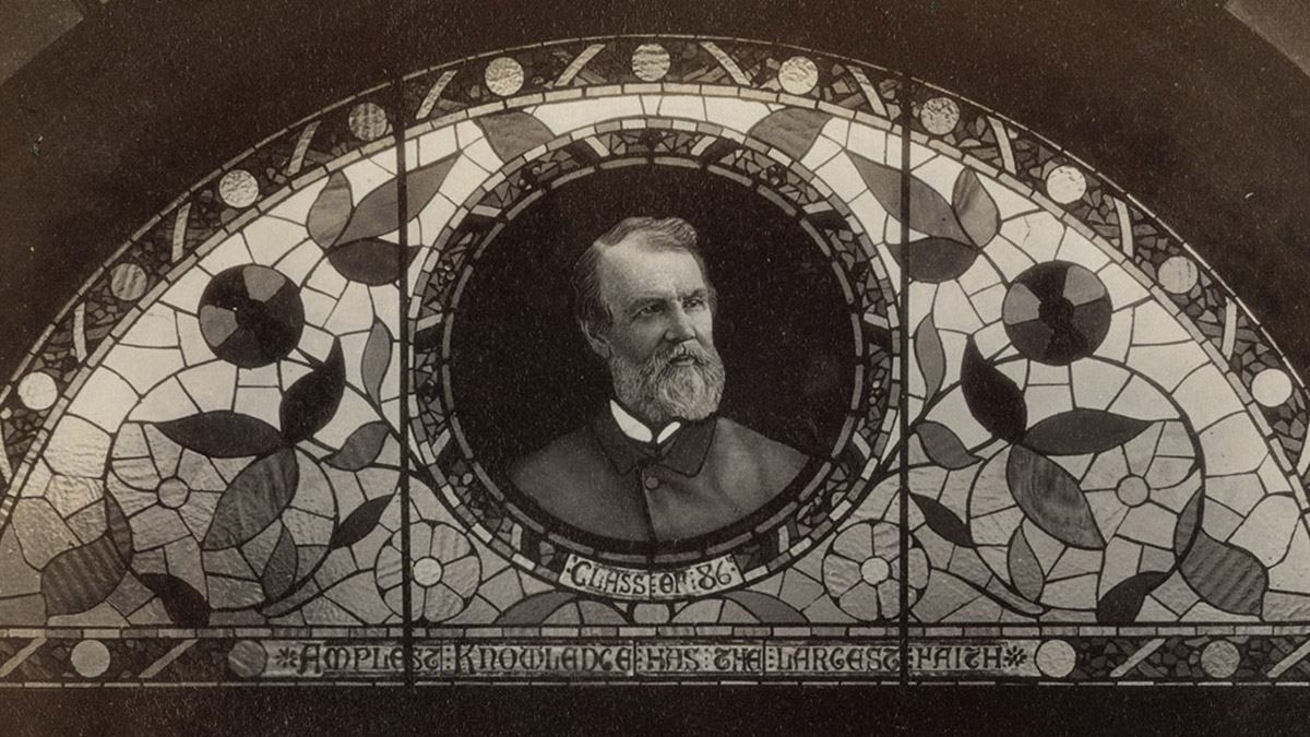 Stained glass window with President Dodge, circa 1891