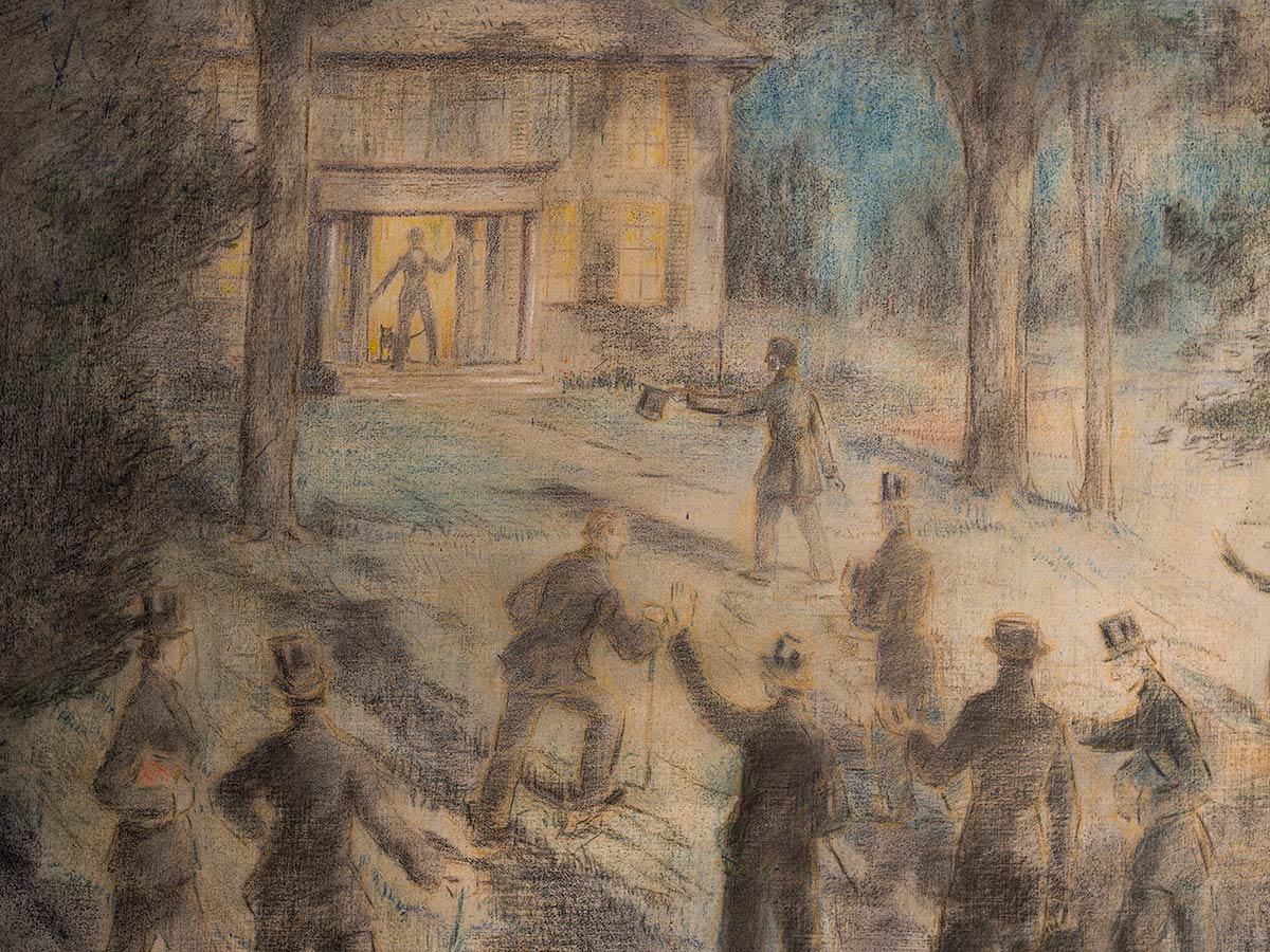 Illustrated depiction of the founders congregating at Olmstead House
