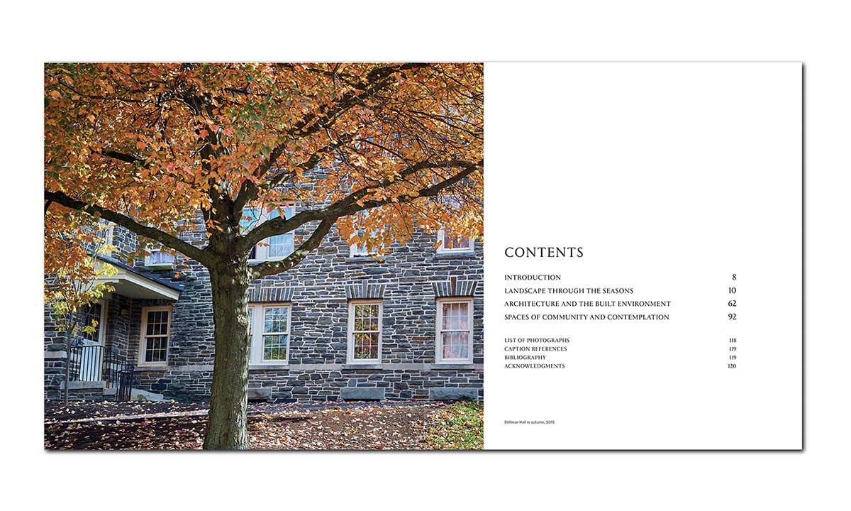 Table of contents featuring an image of a tree in autumn outside Stillman Hall