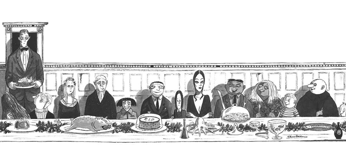 A cartoon of the Aadams Family enjoying a banquet of food.
