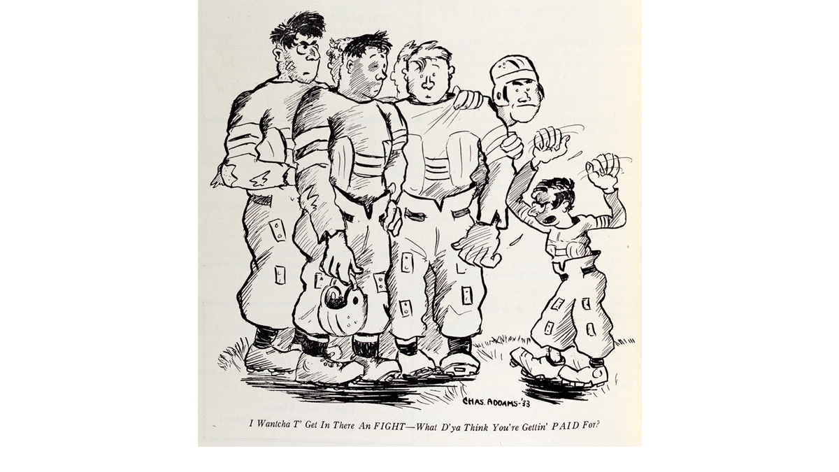 Charles Addams illustration of a football team huddle.