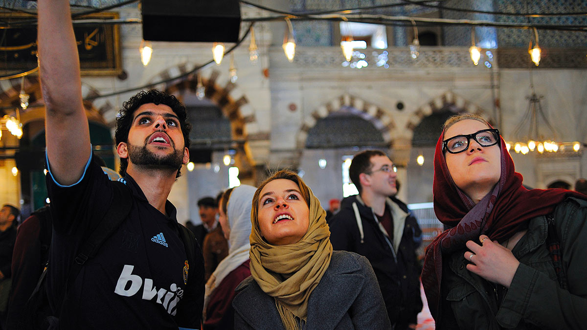 Students, some in hijabs, in Istanbul