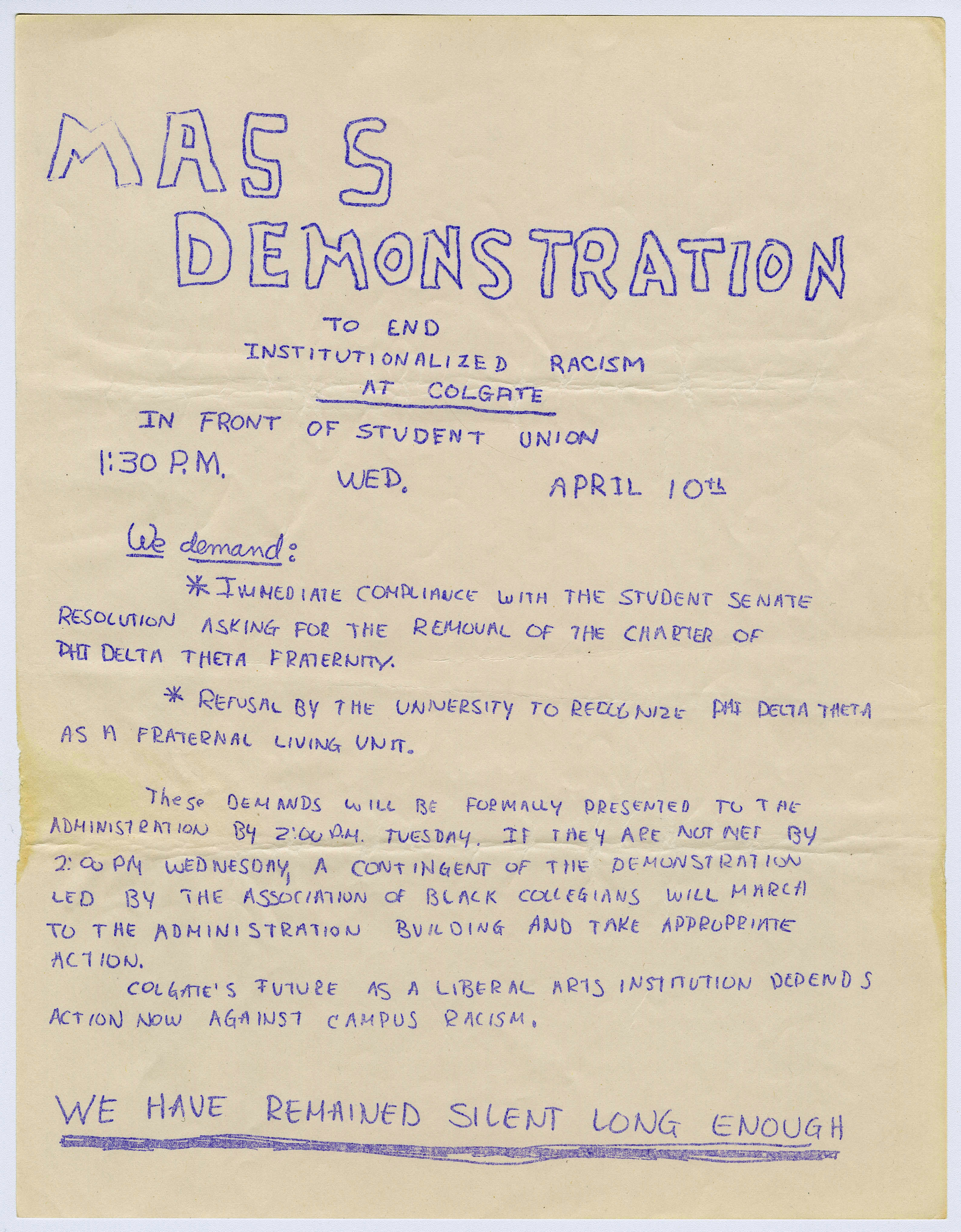 Flyer announces rally on campus, 1968