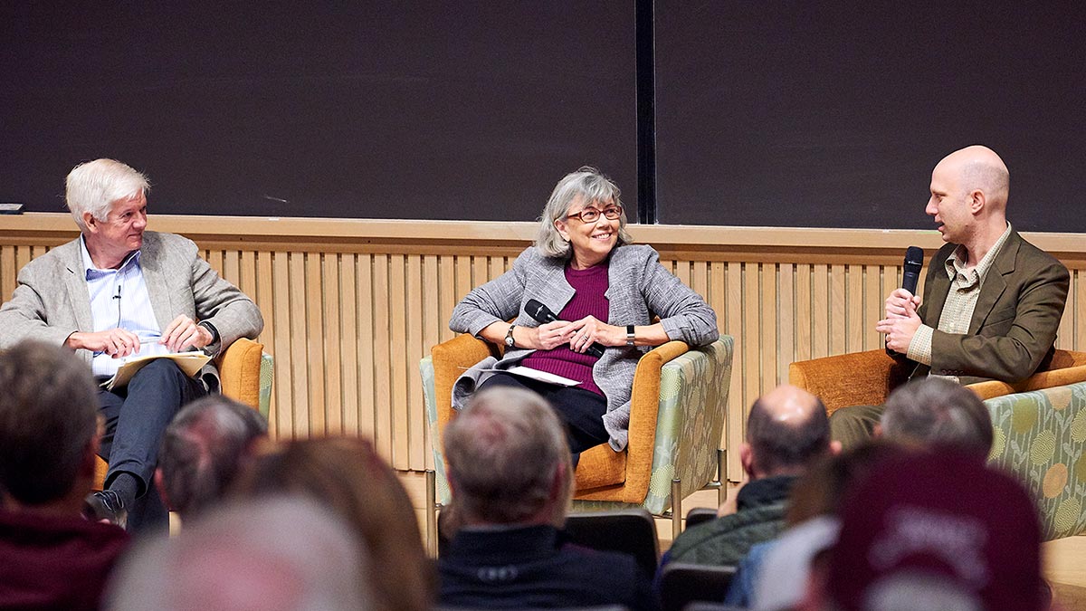 Jill Harsin gives a panel discussion with historians Jim Smith '70 and Jason Petrulis