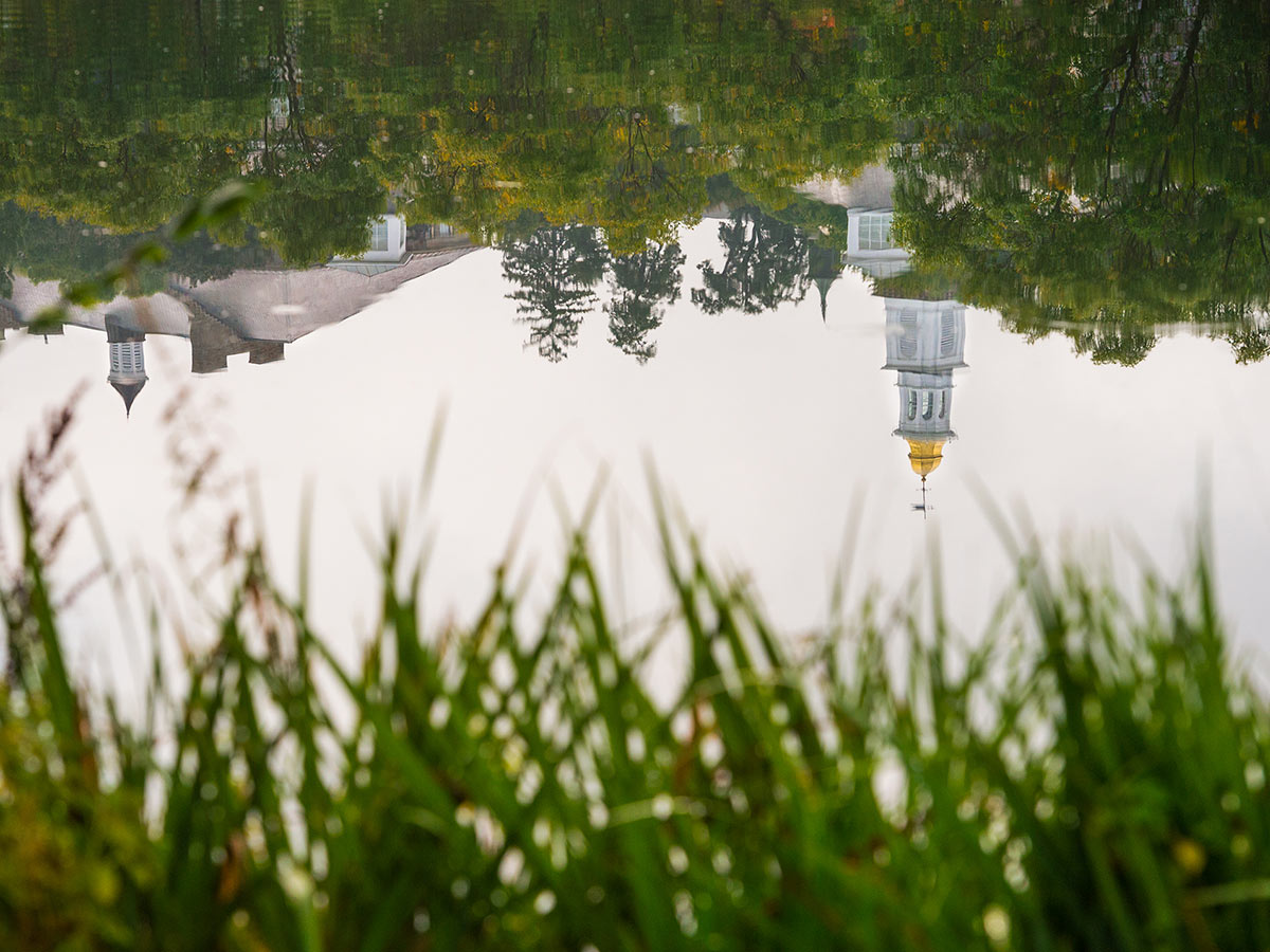 Reflection of the Colgate campus hillside in Taylor Lake