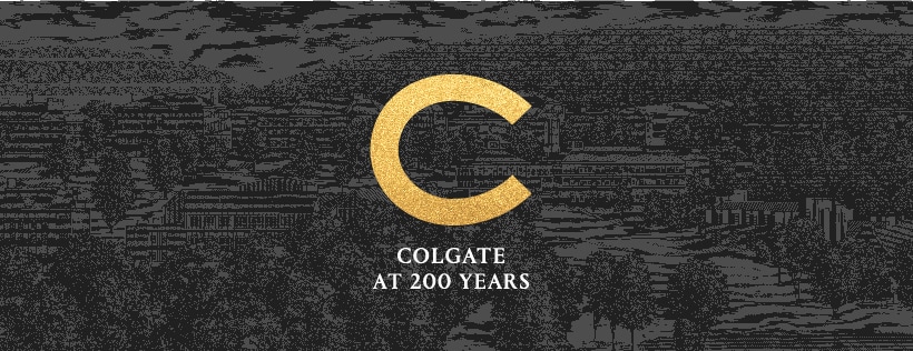 Colgate at 200 Years and a golden C against a dark-toned illustration of campus