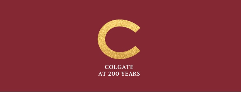Colgate at 200 Years and a golden C against a maroon background