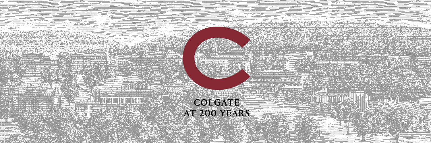 Colgate at 200 Years and a golden C against a light-toned illustration of campus