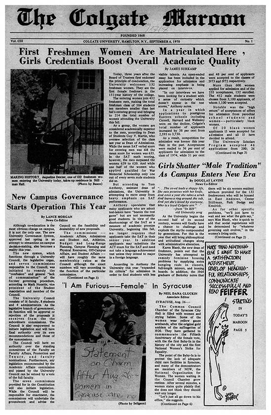 Front page of student newspaper with the headline "First Freshmen Women Art Matriculated Here, Girls' Credentials Boost Overall Academic Quality